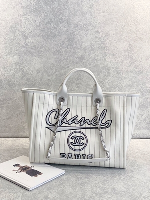 30cm 23P Chanel Deauville Tote μαύρο λωρίδα Ecru τσαντών άσπρο
