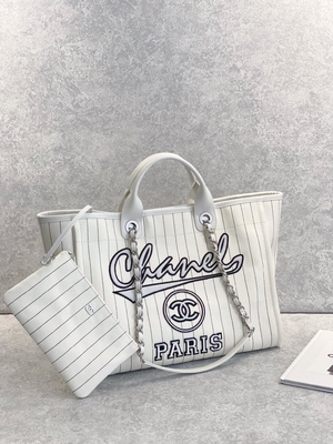 30cm 23P Chanel Deauville Tote μαύρο λωρίδα Ecru τσαντών άσπρο