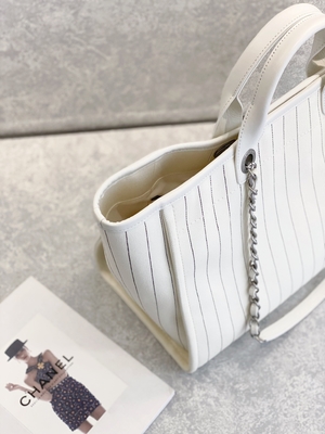 30cm 23P Chanel Deauville Tote μαύρο λωρίδα Ecru τσαντών άσπρο