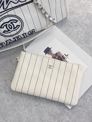 30cm 23P Chanel Deauville Tote μαύρο λωρίδα Ecru τσαντών άσπρο